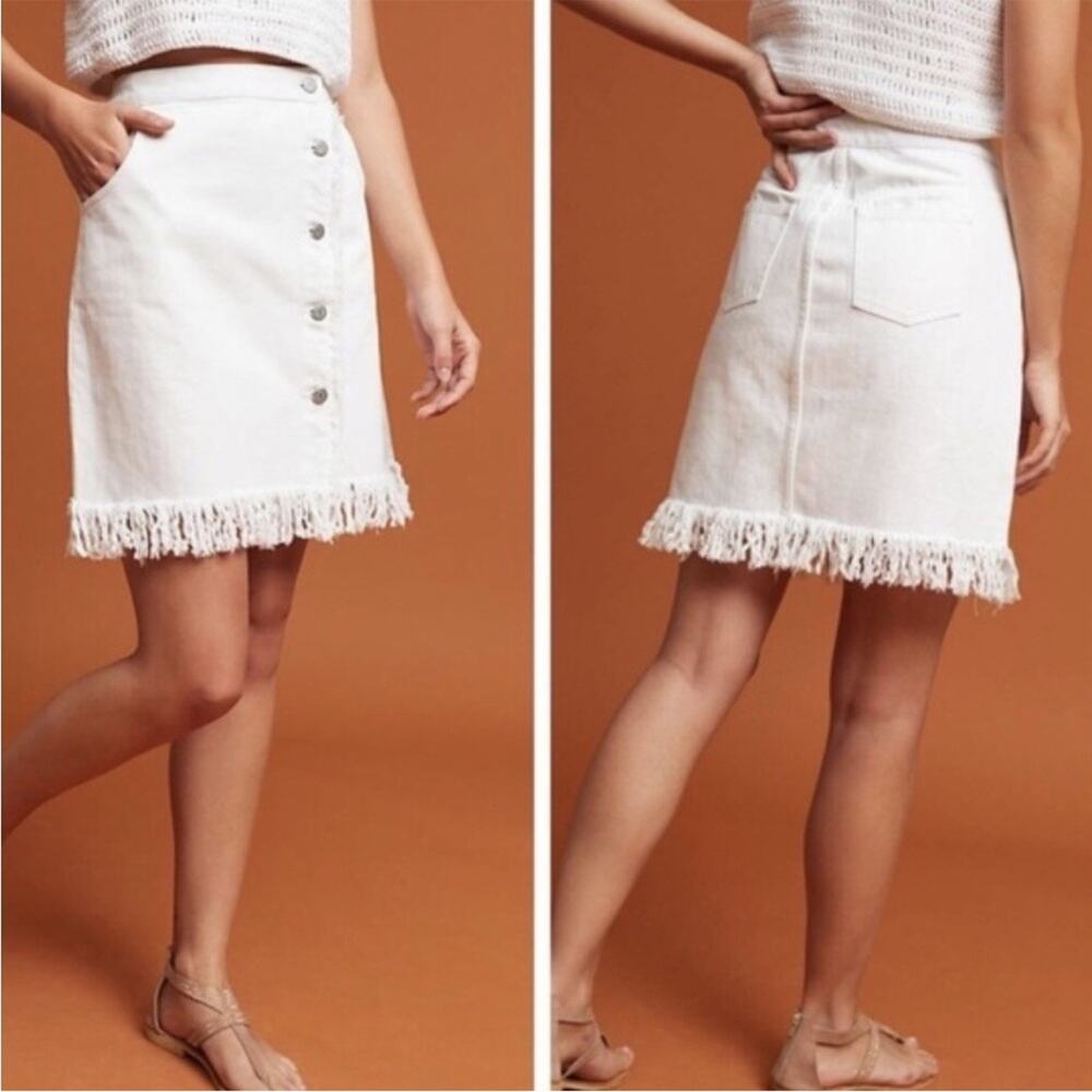 Pilcro Anthropologie Just-For-Us White Denim Button Front Fringe Skirt